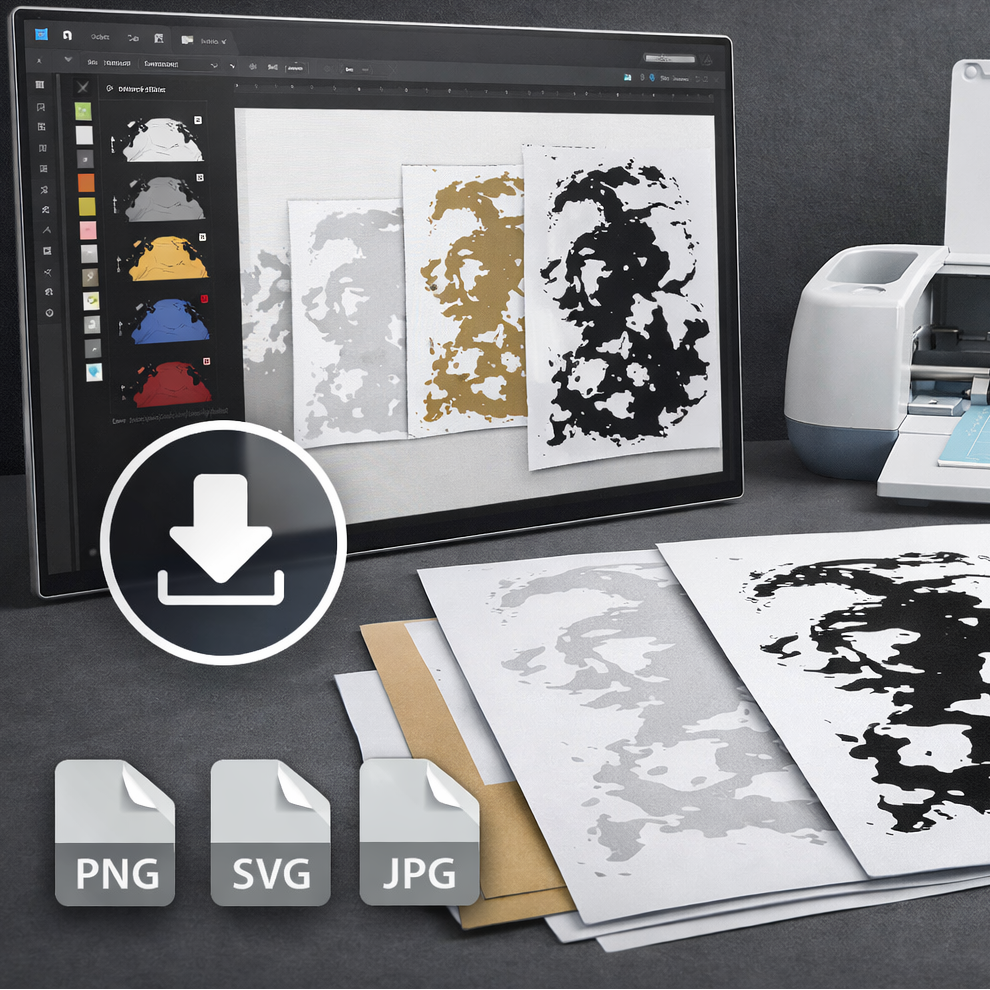 Cricut design space software on a computer screen with a printer and printed designs on paper.